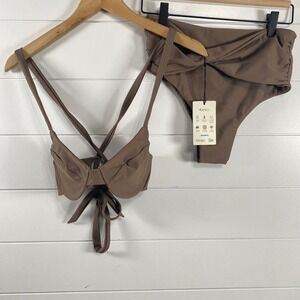 Hanakini Women's Underwire Bikini Top XS Bikini Bottom M Brown NWT Hawaii Luxury